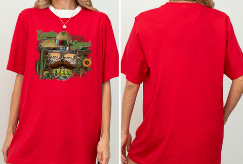 The image is a collage of two photos of a red t-shirt. The left photo shows the front of the t-shirt with a graphic design featuring a cowboy hat, a cactus, and a sunflower. The right photo shows the back of the t-shirt, which is plain and red.