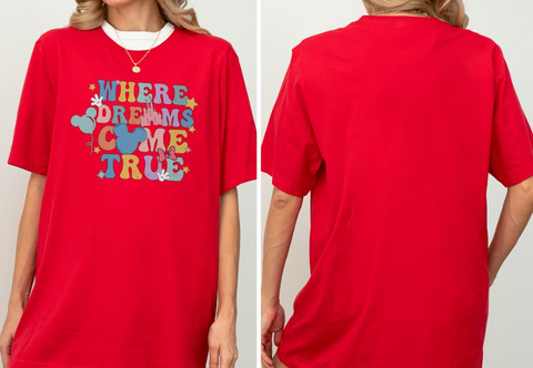 A red t-shirt with a colorful graphic and text on it.