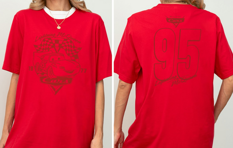 A red t-shirt with a graphic design featuring a car and the number 95 on the back.