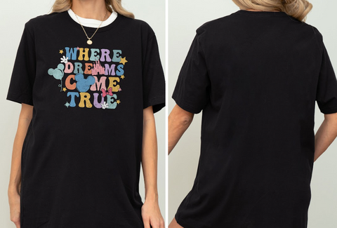 The image is a collage of two photos of a person wearing a black t-shirt with a colorful graphic design.