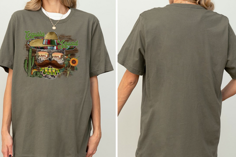 The image is a collage of two photos of a person wearing a gray t-shirt with a graphic design featuring a Mexican-style hat, sunglasses, and a cactus.