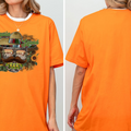 The image is a collage of two photos of a person wearing an orange t-shirt with a graphic design featuring a sombrero, cactus, and sunflowers.