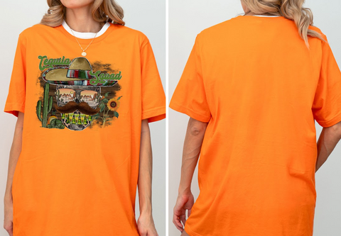 The image is a collage of two photos of a person wearing an orange t-shirt with a graphic design featuring a sombrero, cactus, and sunflowers.