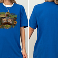The image is a collage of two views of a woman wearing a blue t-shirt with a graphic design featuring a cowboy hat, sunglasses, and a cactus.