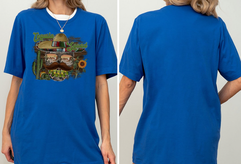 The image is a collage of two views of a woman wearing a blue t-shirt with a graphic design featuring a cowboy hat, sunglasses, and a cactus.