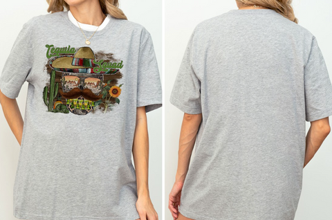 A gray t-shirt with a graphic design featuring a sombrero, cactus, and sunflower, along with the text "Cerveza y la Paz".