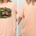The image is a collage of two photos of a woman wearing a peach-colored t-shirt with a graphic design featuring a sombrero, cactus, and sunflower.