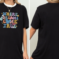 The image is a collage of two photos of a person wearing a black t-shirt with a colorful graphic design.