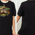 The image is a collage of two photos of a person wearing a black t-shirt with a graphic design featuring a skull, sombrero, cactus, and other Mexican-themed elements.