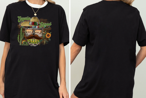 The image is a collage of two photos of a person wearing a black t-shirt with a graphic design featuring a skull, sombrero, cactus, and other Mexican-themed elements.