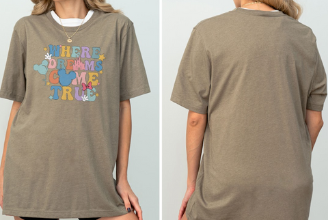 The image is a collage of two photos of a woman wearing a gray t-shirt with a colorful graphic design.