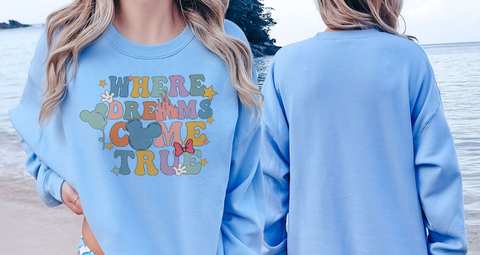 A woman wearing a blue sweatshirt with the text "WHERE DREAMS COME TRUE" printed on it, standing on a beach.