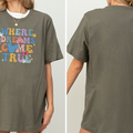 The image is a collage of two photos of a person wearing a gray t-shirt with a colorful graphic and text on it.