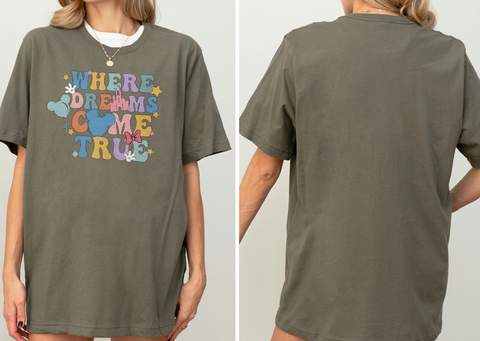 The image is a collage of two photos of a person wearing a gray t-shirt with a colorful graphic and text on it.