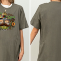 The image is a collage of two photos of a person wearing a gray t-shirt with a graphic design featuring a Mexican-style hat, sunglasses, and a cactus.