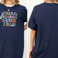 The image is a collage of two photos of a person wearing a navy blue t-shirt with a colorful graphic design.
