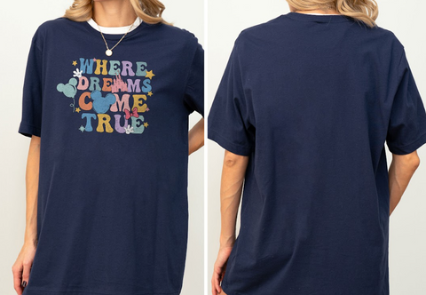 The image is a collage of two photos of a person wearing a navy blue t-shirt with a colorful graphic design.